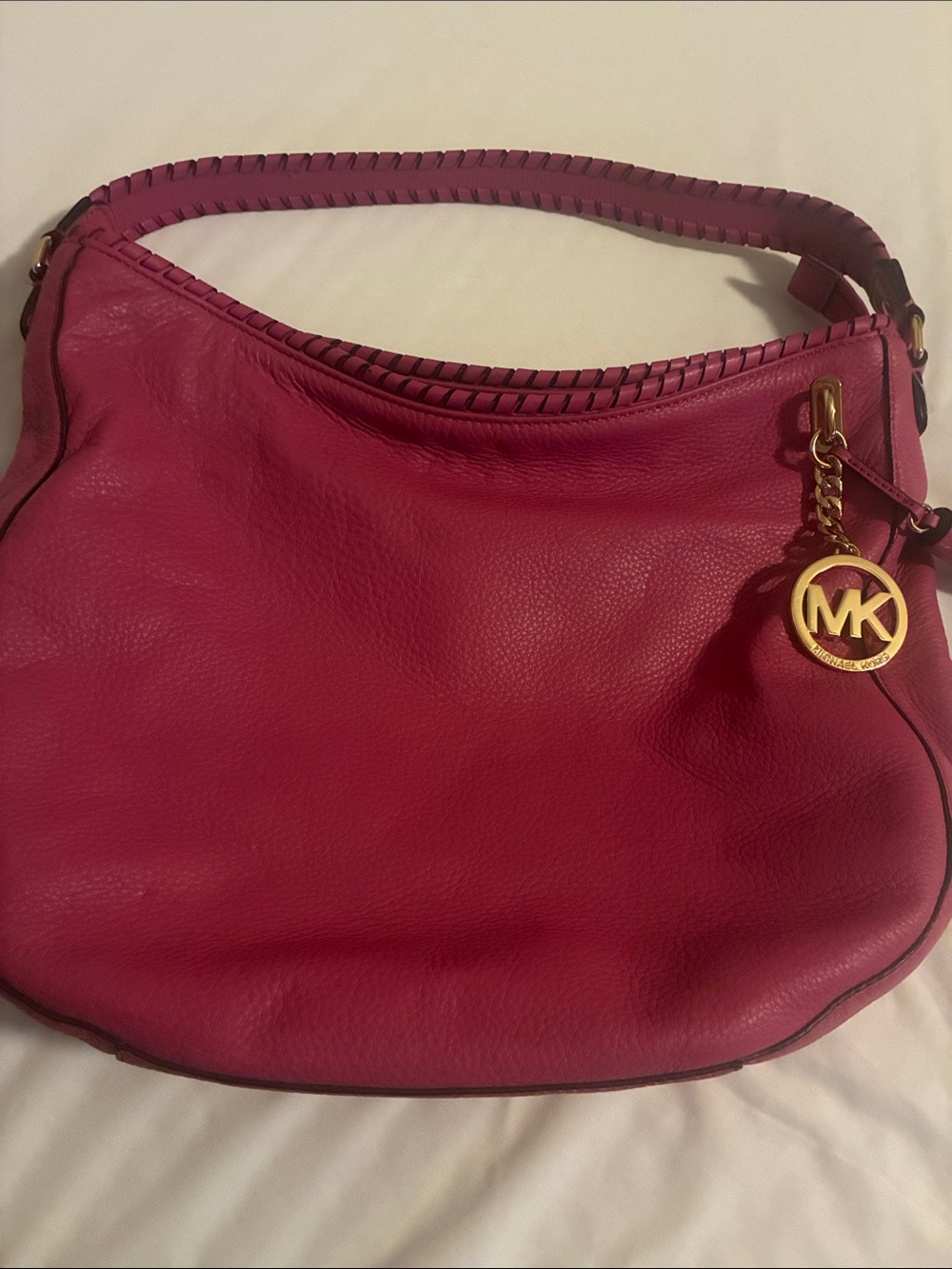 Michael Kors Fuchsia Leather Shoulder Hobo with Gold MK Charm